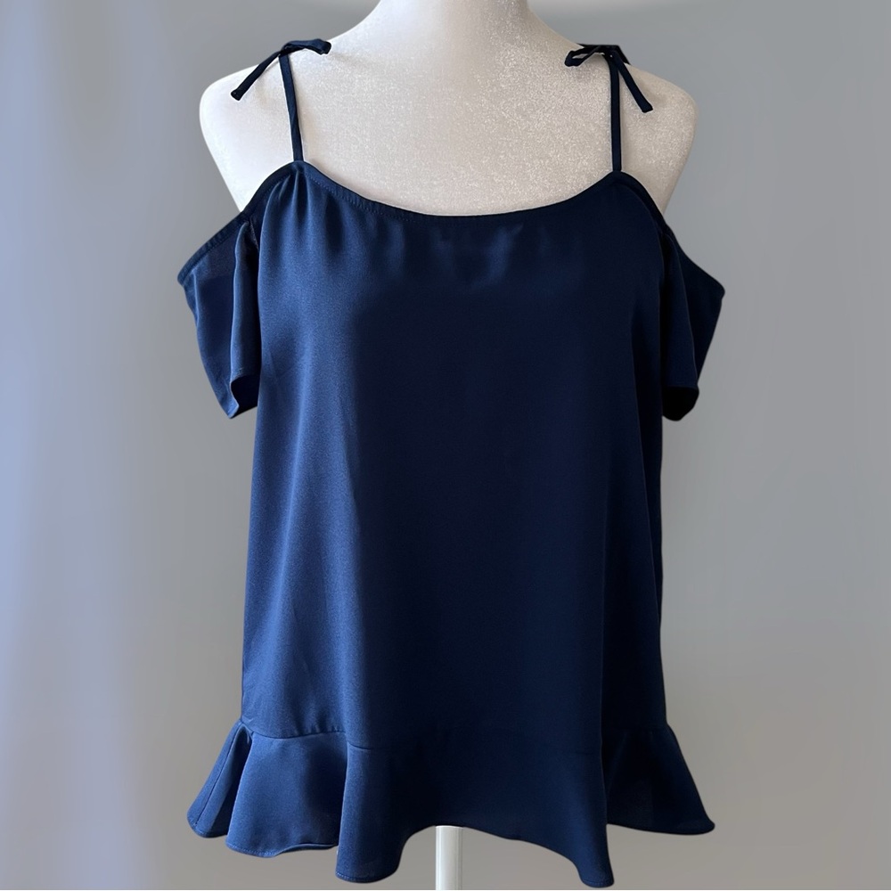 cooper & ella blue cold shoulder / off shoulder flowy flutter sleeve top